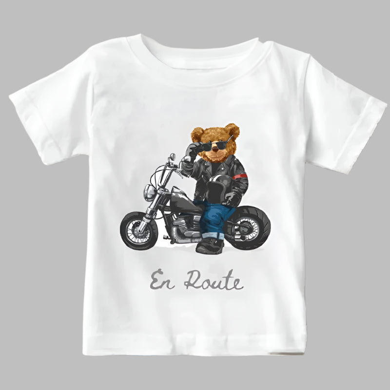 Boys Graphic Print T-shirt, Girls Cute T-shirt, Summer Tees, Motorbike + Teddy Print
