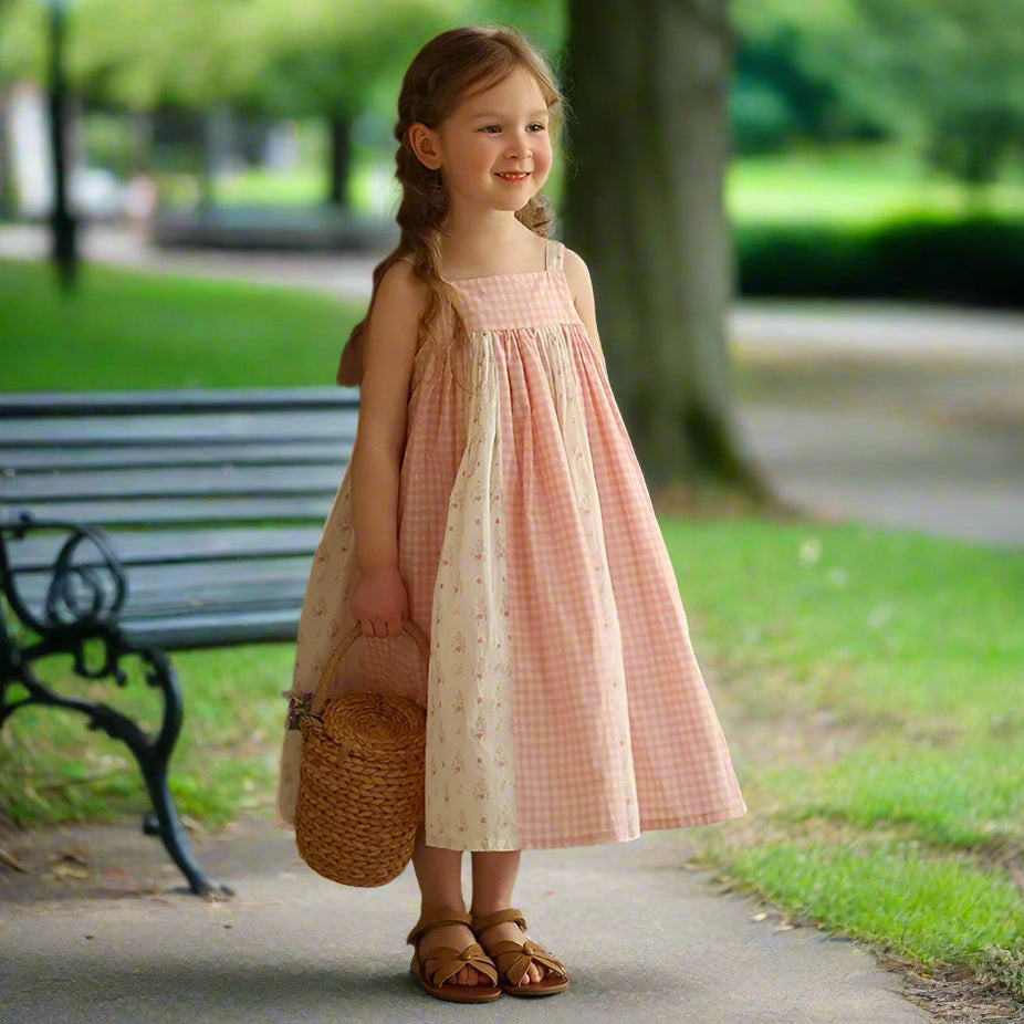 Girls Summer Sling Dress, Gingham, Floral, Long, Toddlers' Summer Dresses, Kids Spliced Dress