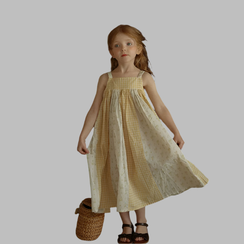 Toddlers' Summer Dress, Girls Summer Dresses, Floral, Gingham, Yellow, Pink, Mid-calf, A-line, Spliced