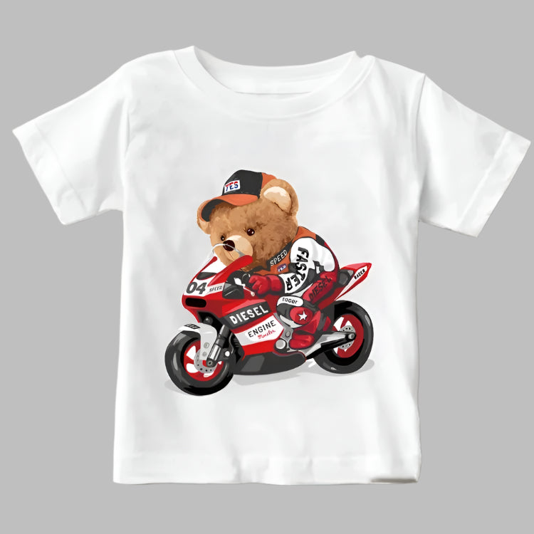 Boys Motobike T-shirt, Girls T-shirt, Cute Teddy and Bear Print Tees, Summer Tops