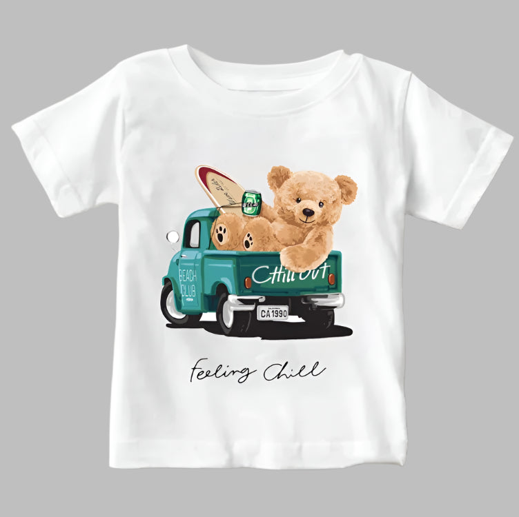 Boys Graphic Print T-shirt, Girls Cute T-shirt, Summer Tees, Toddler Tee, Truck + Teddy Print