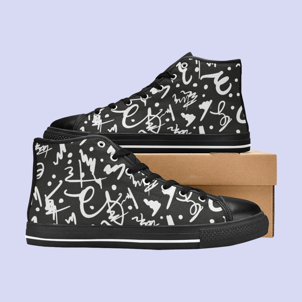 Kids Shoes | Kids Black & White Canvas High Top Shoes | Graffiti Design Kids Footwear | KIDZADORA Baby & Children's Clothing & Footwear UK