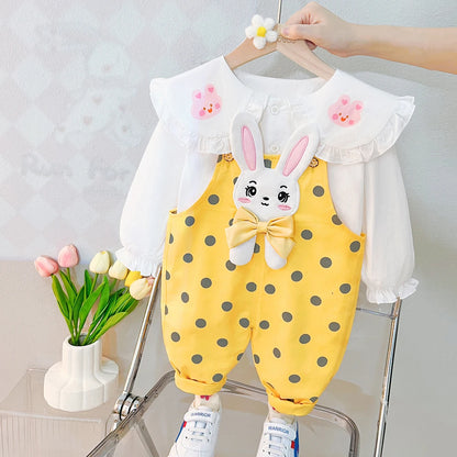 Baby Toddler Infant Blouse +Yellow Overall Outfit in Pink Yellow Purple Cute Rabbit Decoration Girls Spring KIDZADORA Baby & Kids Fashion & Footwear | UK