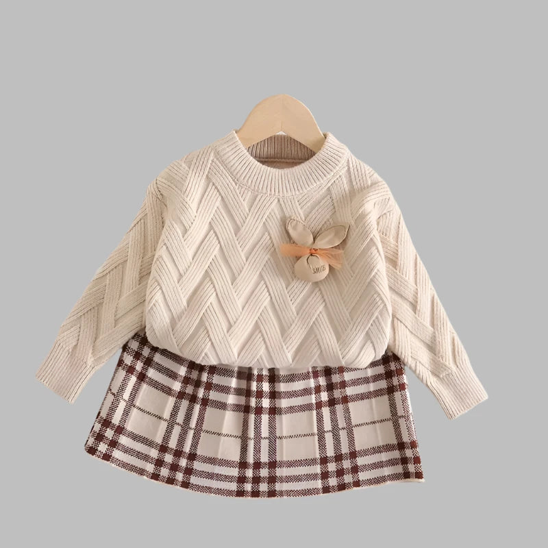 Girls Knitted Sweater + Skirt Set, Kids Knitted Outfit, Toddler Knitted Outfit, Woollen Jumper, Plaid Skirt, Kids Clothes Set, KIDZADORA UK, England