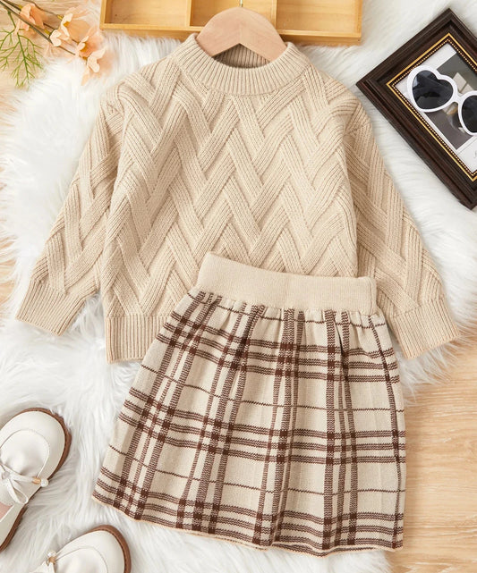 Girls Knitted Sweater + Skirt Set, Kids Knitted Outfit, Toddler Knitted Outfit, Woollen Jumper, Plaid Skirt, Kids Clothes Set, KIDZADORA UK, London