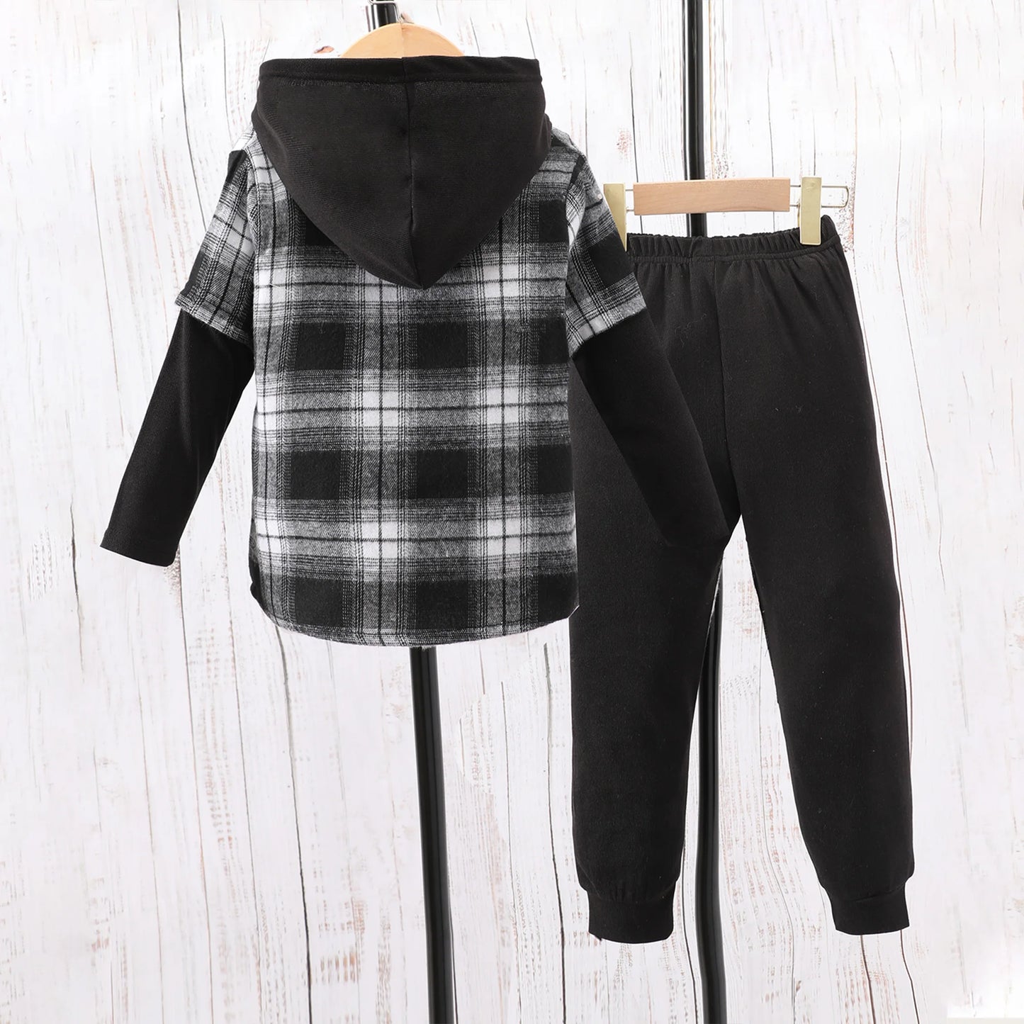 Boys Casual Outfit, Black 2pc Hooded Top, Kids Sweatpants + Top, Jogging Bottoms, Trendy Boys Plaid Clothing Set, KIDZADORA Baby & Children's Fashion, UK