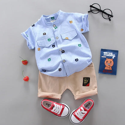 Baby-Boy-Infant-Toddler-Summer-Blue-Top-Cartoon-Shirt-Shorts-2pc-Set-KIDZADORA Baby & Kids Fashion UK