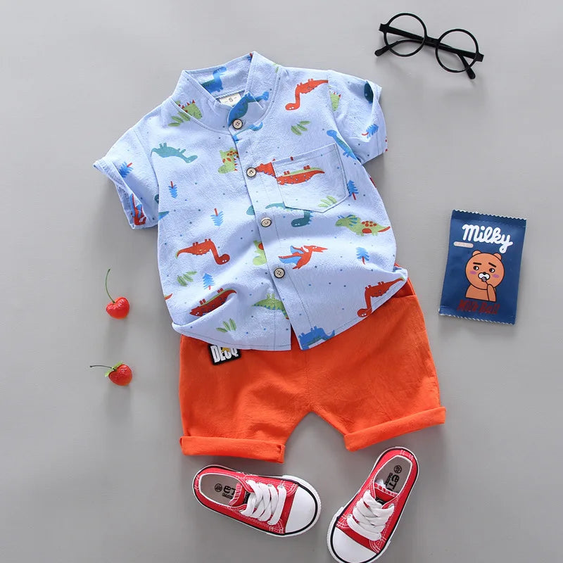 Cute-Baby-Boy-Infant-Toddler-Summer-Top-Dinosaur-Shirt-Orange-Shorts-2pc-Set-KIDZADORA Baby & Kids Fashion UK