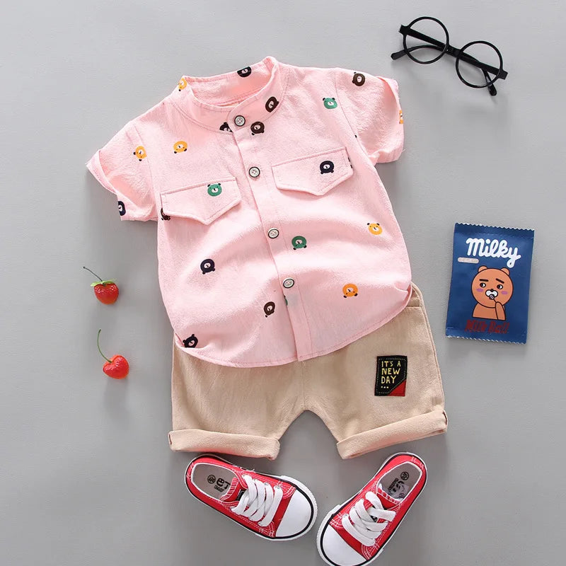 Baby-Boy-Infant-Toddler-Summer-Pink-Top-Short-Sleeve-Shirt-Shorts-2pc-Set-KIDZADORA Baby & Kids Fashion UK