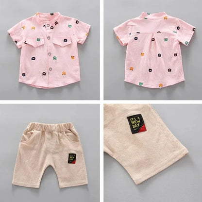 Baby-Boy-Infant-Toddler-Summer-Light-Pink-Top-Shirt-Stone-Shorts-2pc-Set-KIDZADORA Baby & Kids Fashion UK