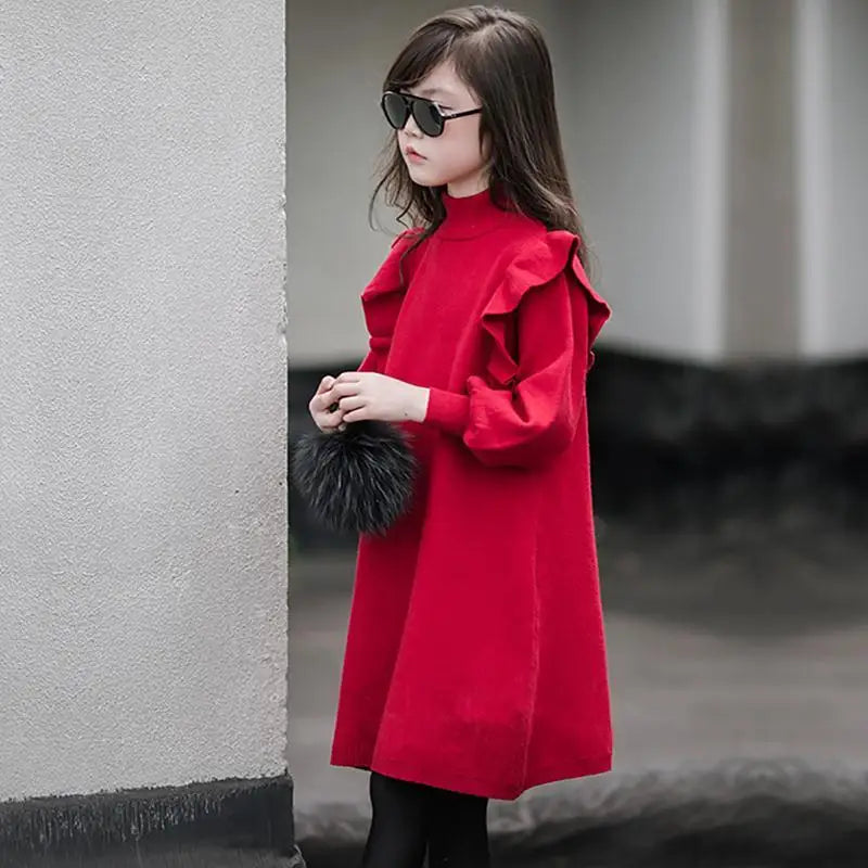 Girls Red Long Sleeve Knitted Ruffle Dress | Girls Fashion | Girls Clothing | KIDZADORA Clothing & Footwear for Kids UK