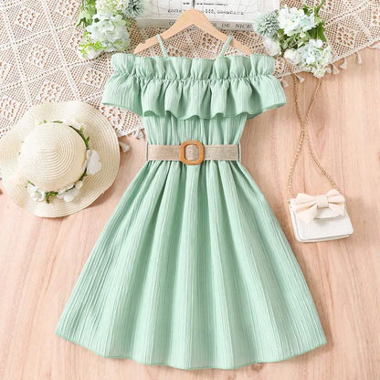 Girls-Off-Shoulder-Mint-Dress-Summer-Children's-Fashion-Dresses