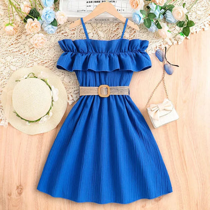 Girls-Off-Shoulder-Blue-Dress-Solid-Colour-Chic-Summer-Children's-Dresses