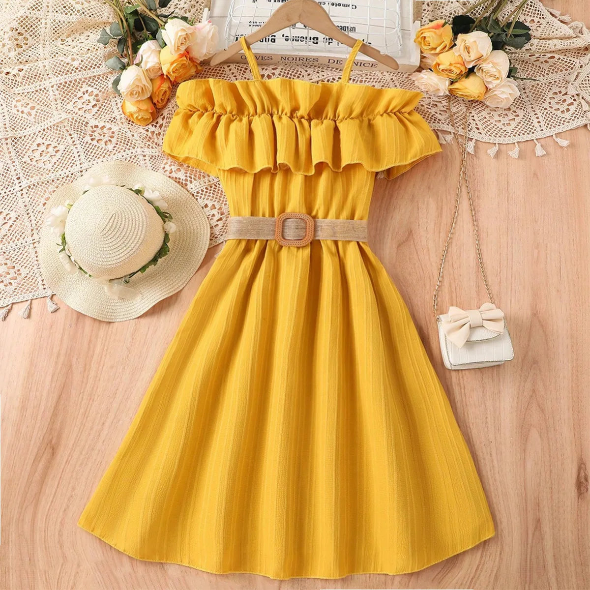 Girls-Off-Shoulder-Orange-Dress-Summer-Children's-Dresses