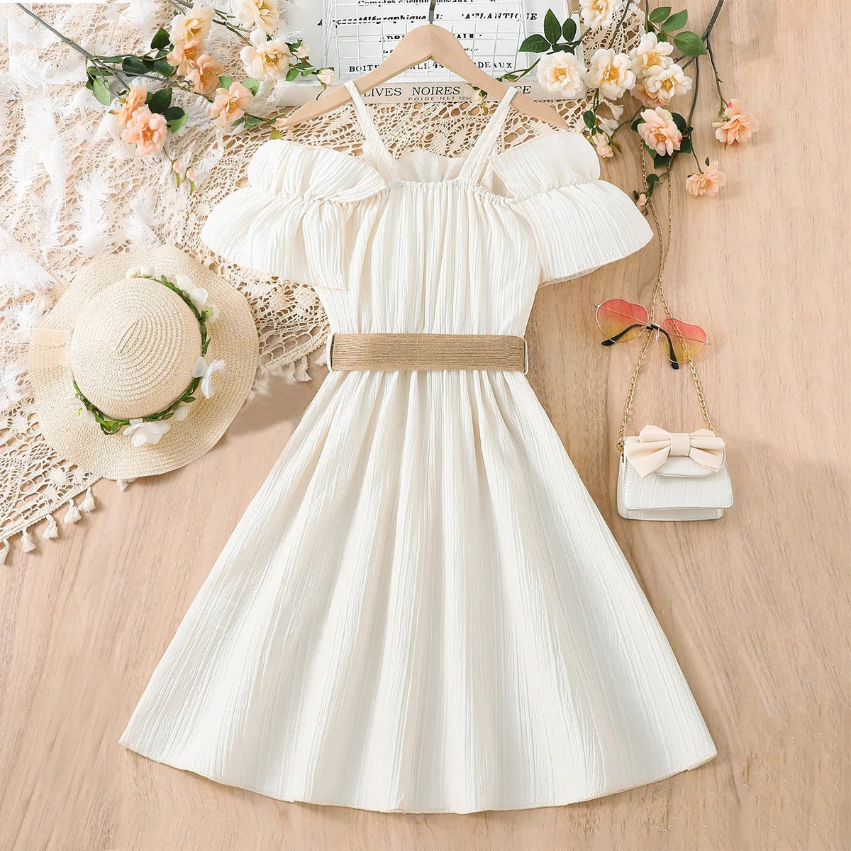 Girls-Off-Shoulder-White-Dress-Belt-Summer-Children's-Dresses