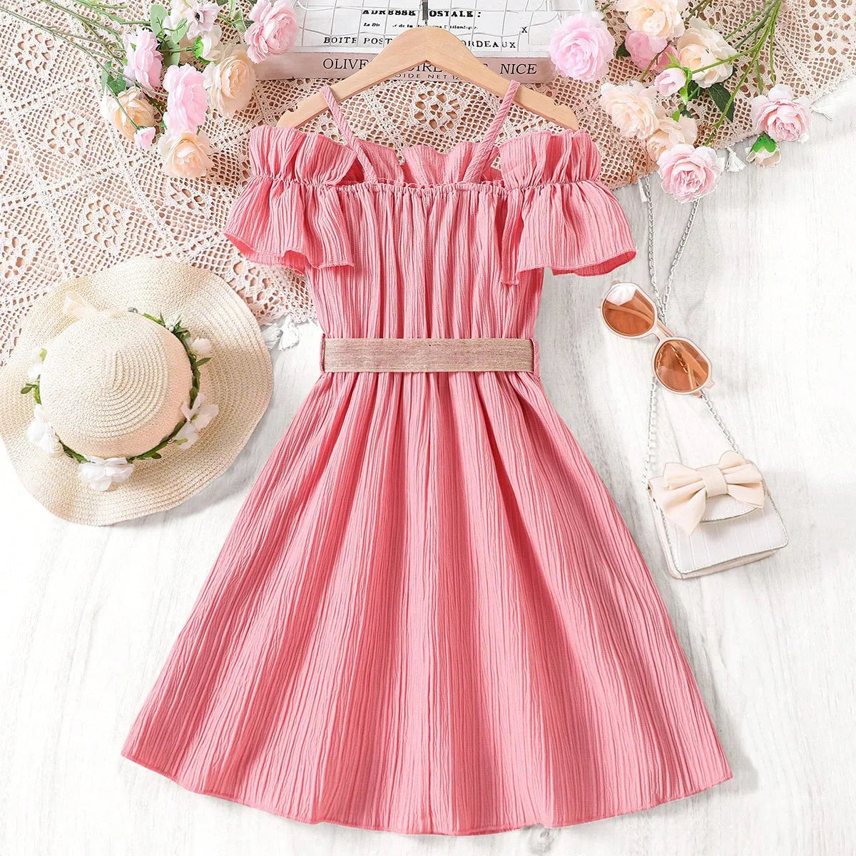 Girls-Off-Shoulder-Pink-Dress-Summer-Children's-Dresses