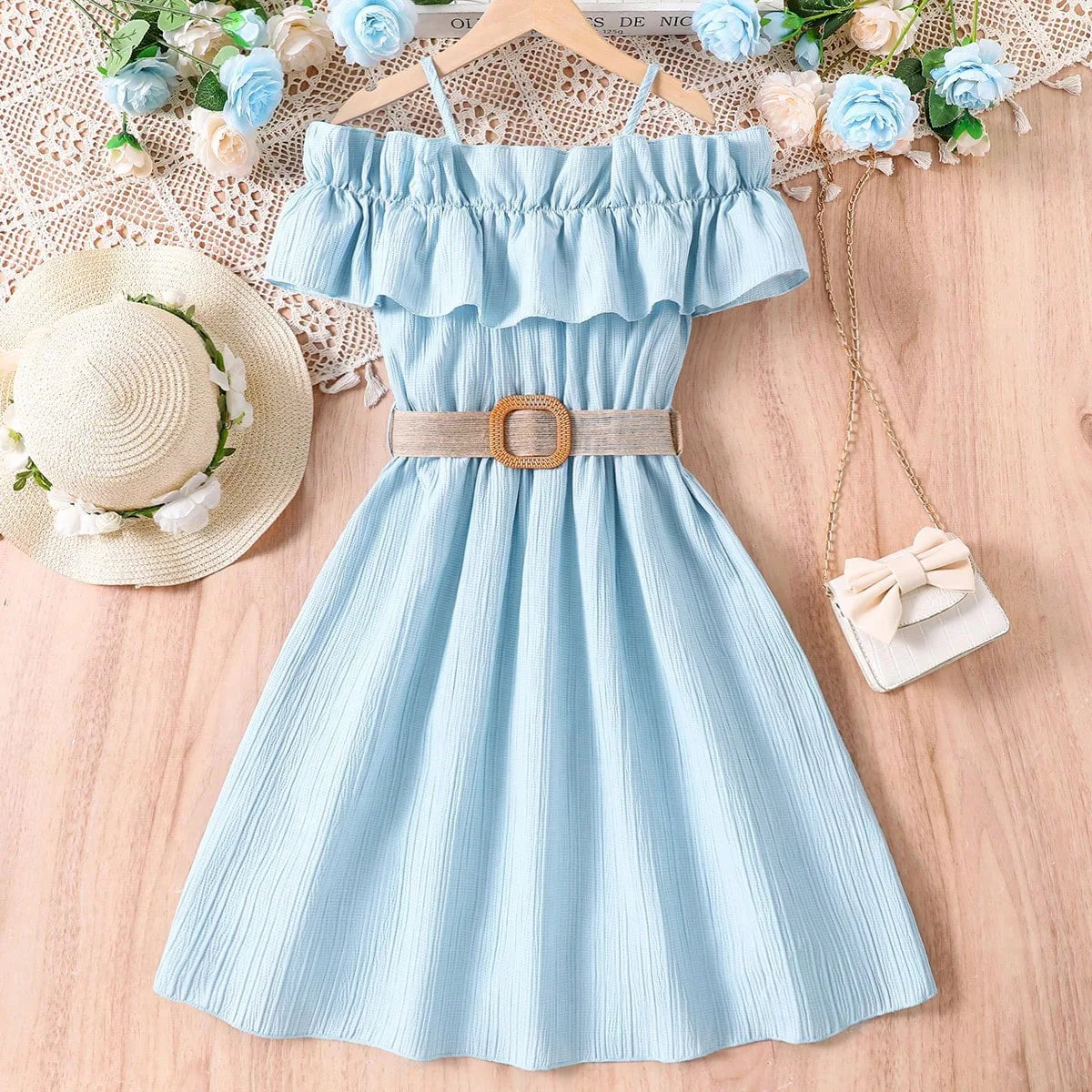 Girls-Off-Shoulder-Light-Blue-Dress-Summer-Children's-Dresses