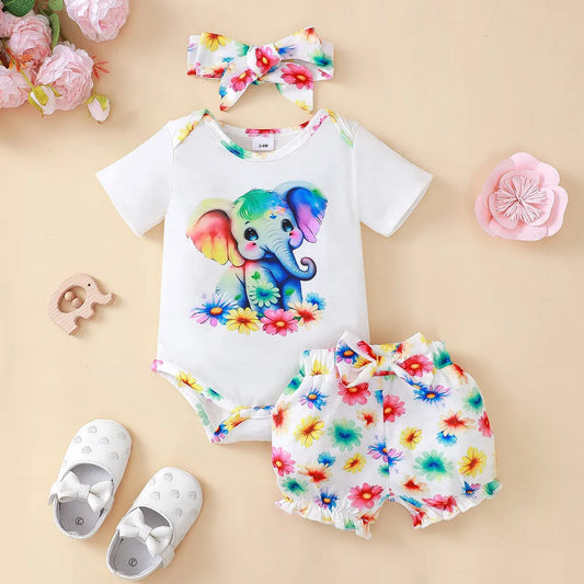 Newborn-Baby-Girl-Clothing-Set-Short-Sleeved-Bodysuit-Elephant-Shorts-Flower-Infant-Clothes-KIDZADORA UK Baby Clothing