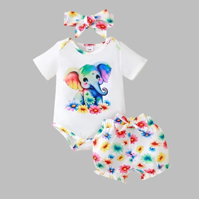 Newborn-Baby-Girl-Clothing-Set-Short-Sleeved-Bodysuit-Elephant-Shorts-Flower-Infant-Clothes-KIDZADORA  Baby Clothing UK