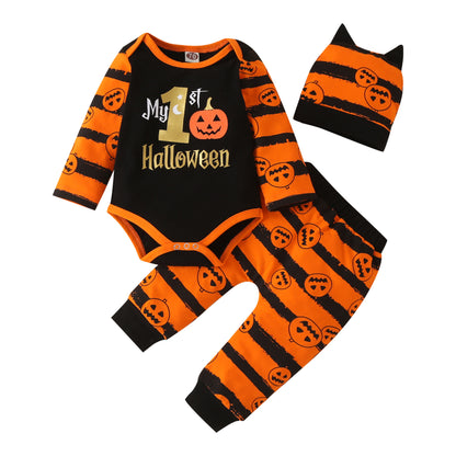 Baby Infant Toddler Halloween Outfit | 3 Piece Baby's 1st Halloween Bodysuit Long Pants & Hat Set | Halloween Orange & Black Pumpkin Outfit For Toddler Baby Infant | KIDZADORA Baby & Children's Clothes | London Kids Clothes