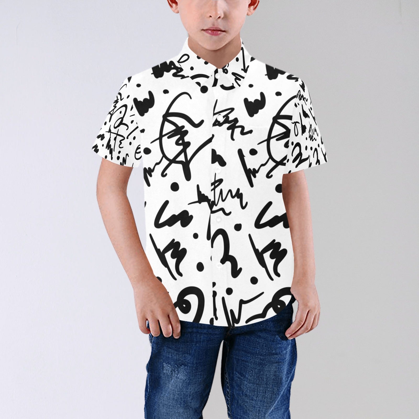 KIDZADORA All-Over-Printed Short Sleeved White Boys Shirt with Black Graffiti Print Design | KIDZADORA Baby & Children's Clothing UK