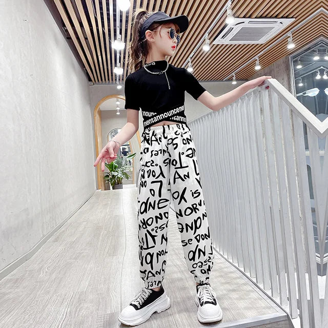 Girls Black Letter on White Pants Joggers + Black Crop Top | 2 Piece T-shirt + Sweatpants | KIDZADORA Kids Clothing UK