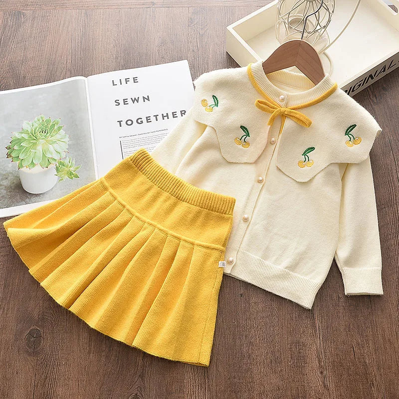 Toddler Knitted Clothes Set | Girls Winter Yellow Skirt & Embroidered Sweater | Girls Stylish Fashion | KIDZADORA Baby & Children's Clothing