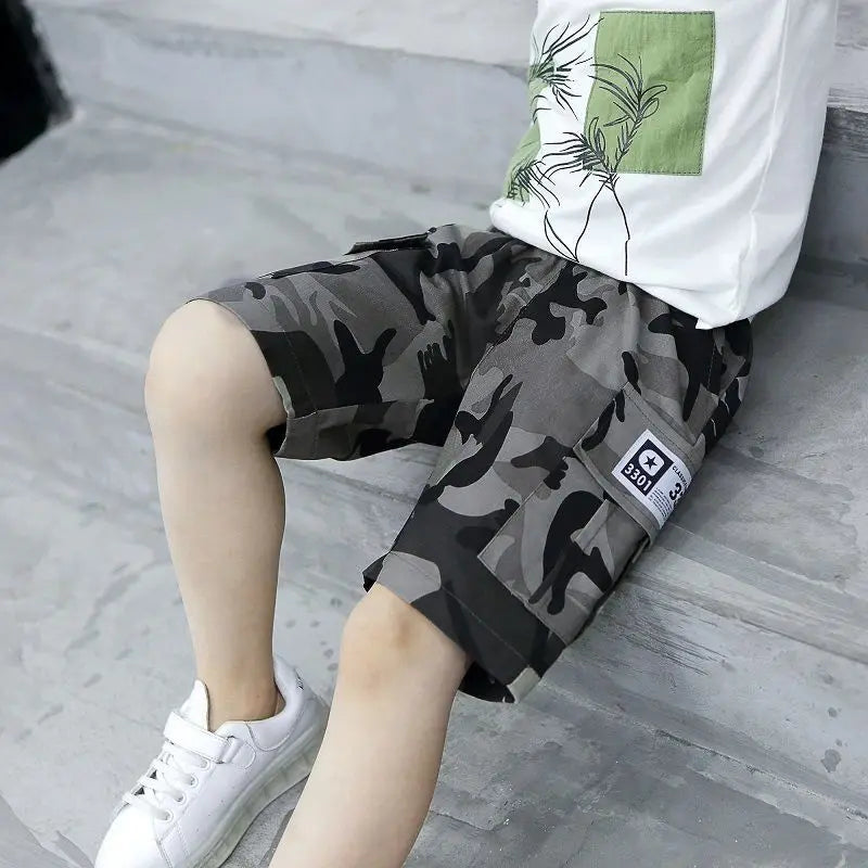 Boys-Kids-Black-Grey-Cargo-Shorts-Children's-Fashion-Summer-Clothing