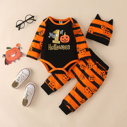 Baby Infant Toddler Halloween Outfit | 3 Piece Baby's 1st Halloween Bodysuit Long Pants & Hat Set | Halloween Orange & Black Pumpkin Outfit For Toddler Baby Infant | KIDZADORA Baby & Children's Clothing | London Kids Clothes