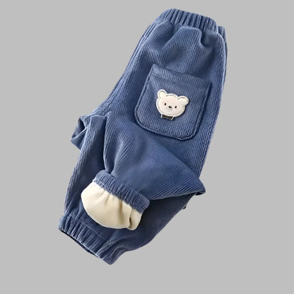 Kids Trousers, Blue Fleece Corduroy Pants, Winter Clothing, Toddlers, Boys & Girls, KIDZADORA UK