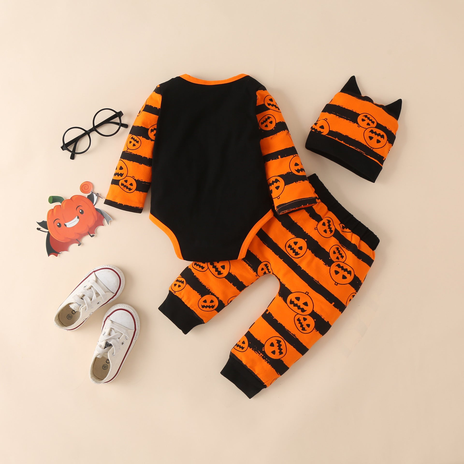 Baby Infant Toddler Halloween Outfit | 3 Piece Baby's 1st Halloween Bodysuit Long Pants & Hat Set | Halloween Orange & Black Pumpkin Outfit For Toddler Baby Infant | KIDZADORA Baby & Children's Clothing UK | London Kids Clothes