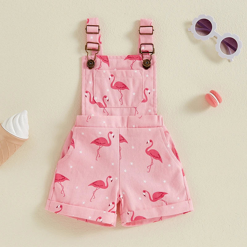 Girls Pink Denim Flamingo Print Overalls Shorts - KIDZADORA Baby & Kids Clothing UK