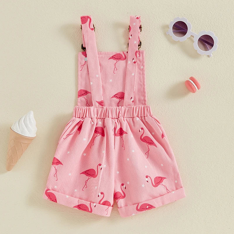 Girls Kids Toddler Pink Denim Flamingo Print Overalls Shorts Jumpsuit - KIDZADORA Baby & Kids Clothing UK