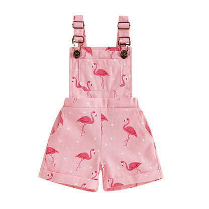 Girls Toddler Pink Denim Summer Flamingo Print Overalls Shorts - KIDZADORA Baby & Kids Clothing UK