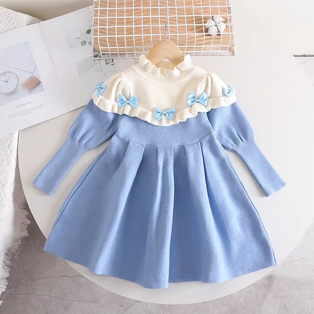 Girls Fashion Winter Knitted Sky Blue Dress Bow Long Sleeves | KIDZADORA Children's Clothing UK