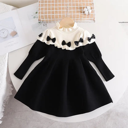 Girls Fashion Winter Knitted Black  Dress Bow Long Sleeves | KIDZADORA Children's Clothing UK