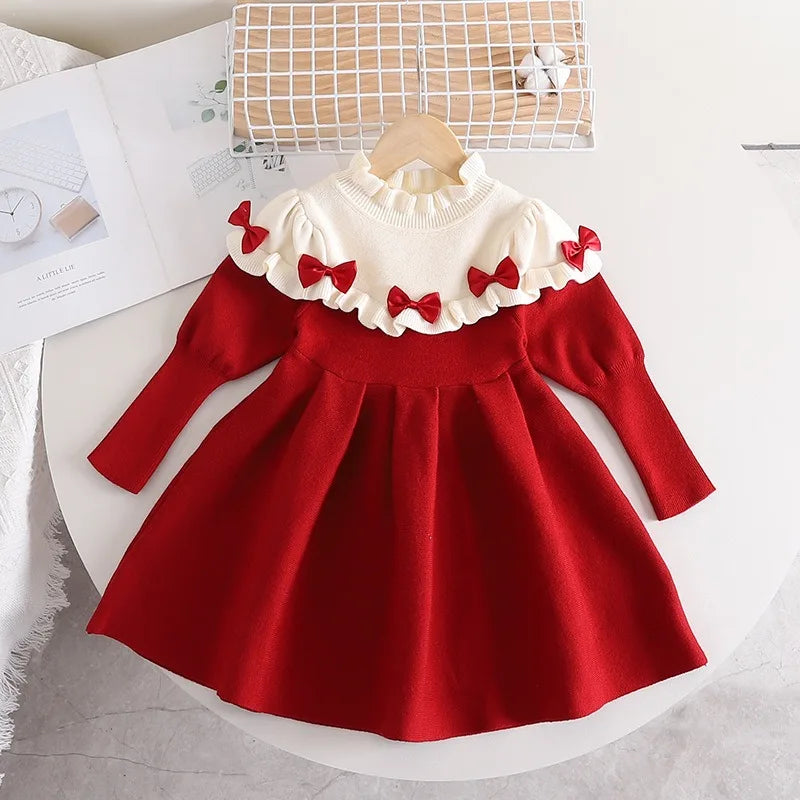 Girls Fashion Winter Knitted Red Dress Bow Long Sleeves | KIDZADORA Children's Clothing UK