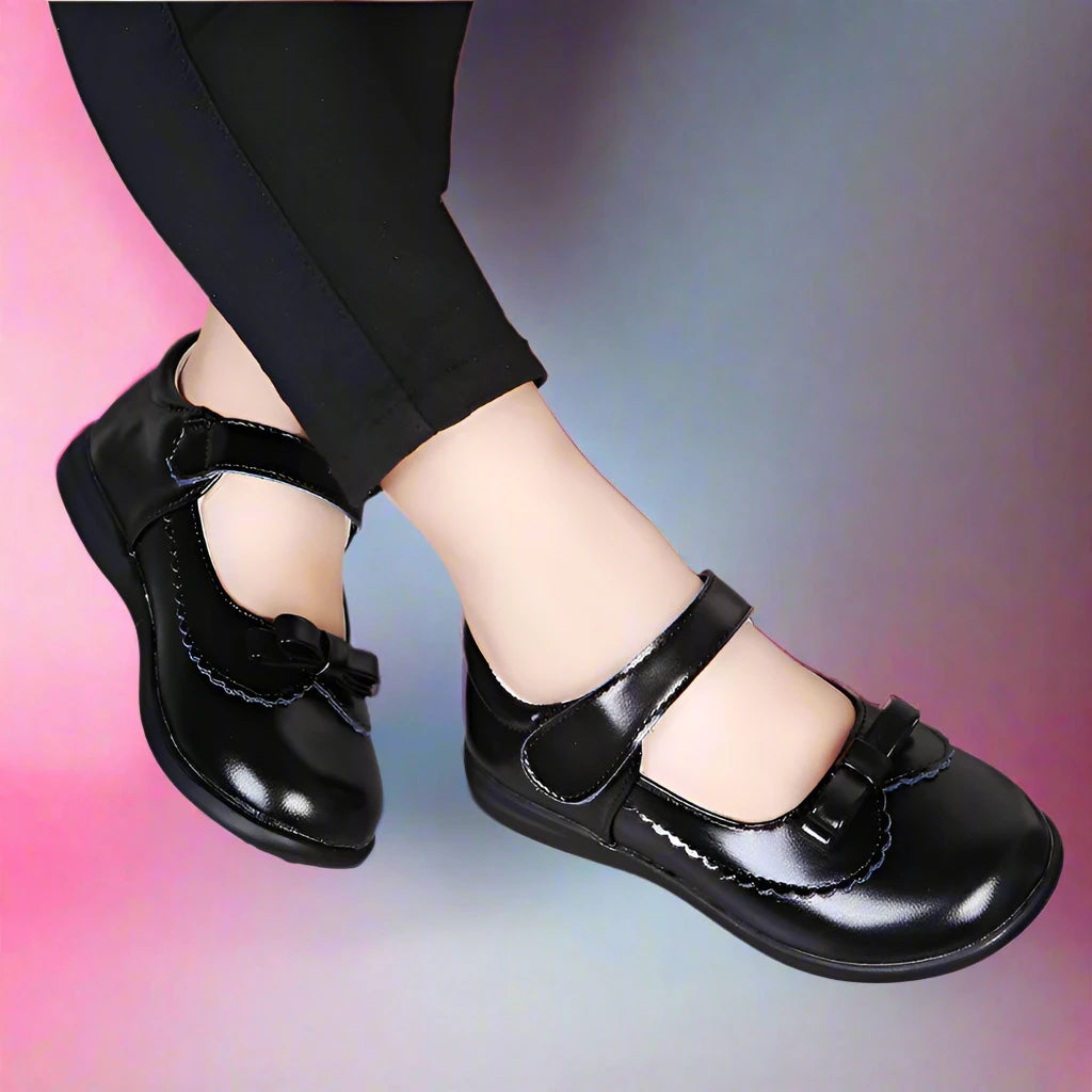 Girls Classic Black Shoes | Girls Leather Shoes | Girls School Shoes | Kids Footwear Hook & Loop | KIDZADORA Footwear & Clothing | UK