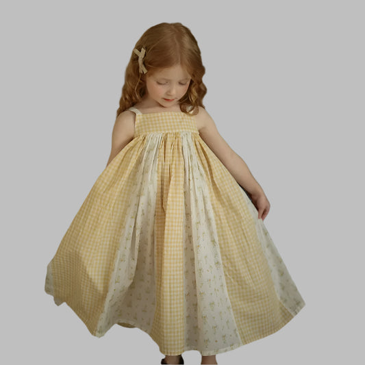 Girls Summer Sling Dress, Toddlers' Summer Dresses, Kids Spliced Dress, Gingham, Floral, Sleeveless, Long, Mid-calf