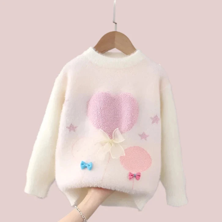 Girls Sweater, Kids Fleece Lined Jumper, White Top, Hearts, Bows, Winter, Autumn, Spring, Kids Fashion, KIDZADORA Kids Clothing UK