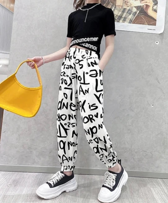 Girls Black Letter on White Pants Joggers + Black Crop Top | 2 Piece T-shirt + Sweatpants | KIDZADORA Kids Clothing UK