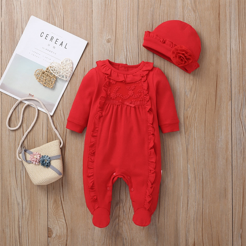 Newborn Baby Girl Red Rompersuit Long Sleeve with Cap | Baby Girl Clothing | KIDZADORA Baby & Children's Clothing