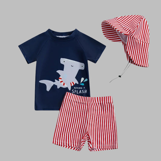 Baby Boy & Toddler Swimwear Set, Swim Trunks, Swim Top, Swim Hat, Beach Clothing, Bathing Suit, Stripes, Shark