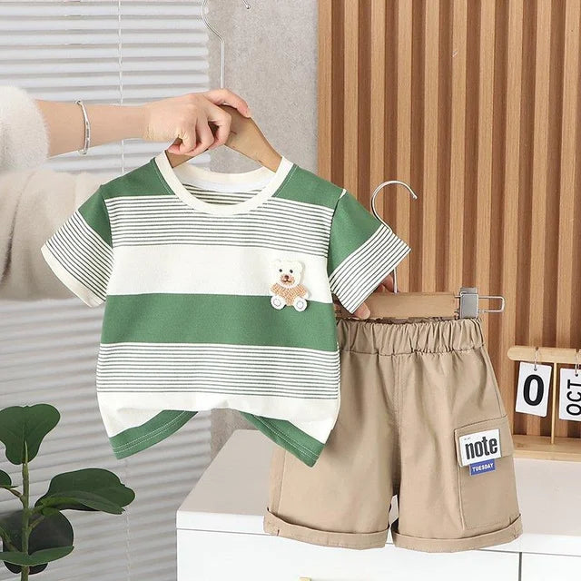 Summer-Infant-Toddler-Khaki-Green-Striped-T-Shirt-Shorts-Outfit-2pc-clothing-Set-KIDZADORA Baby & Children's Clothes