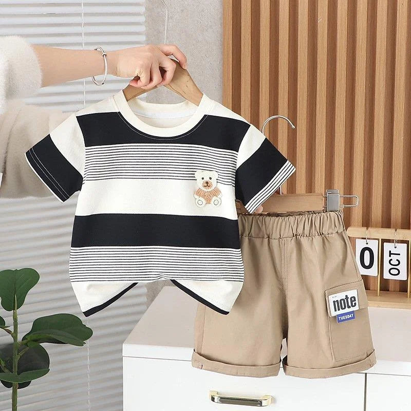 Summer-Infant-Toddler-Black-Striped-T-Shirt-Beige-Shorts-Outfit-2pc-clothing-Set-KIDZADORA Baby & Children's Clothes