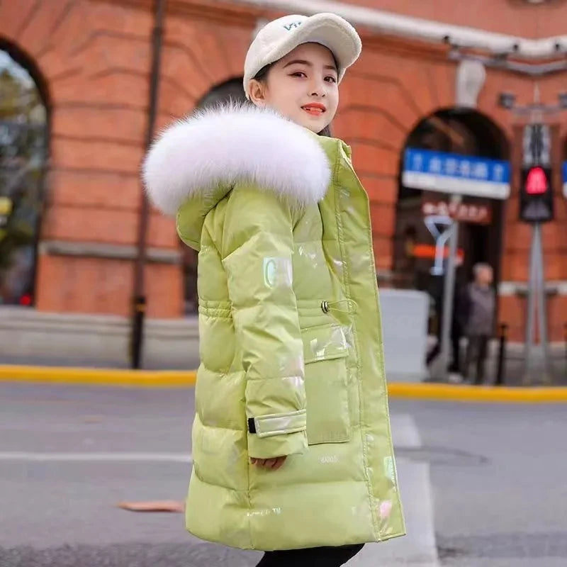 Girls Coat, Girls Winter Coat, Kids Winter Down Coat, Children's Winter Outerwear, Yellow, Padded, Long, Hood, KIDZADORA Kids' Clothing UK