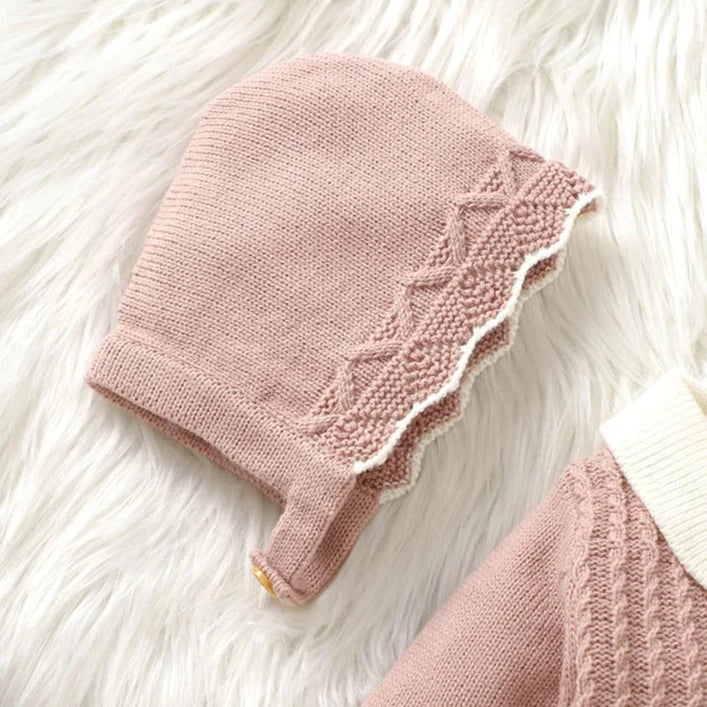 Baby Romper 2pc Set, Newborn Knitwear, Infant Clothes, Baby Girl, Pink Knitted Rompersuit & Hat Set, Winter Outfit for Babies, KIDZADORA Baby & Children's Clothing, UK