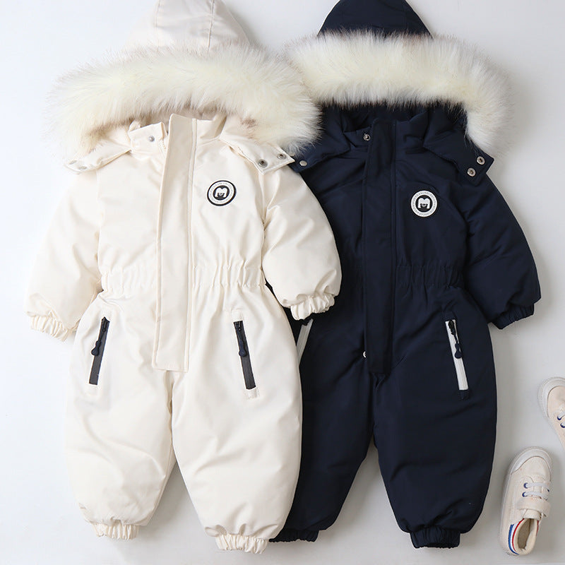 Baby Ski Suit in White & Blue | Infant One Piece Ski Suit | Warm All In One Outerwear For Babies Toddlers Infants | Winter Clothing for Infants | Snow Suit for Baby Infant Toddler | KIDZADORA Baby & Kids Clothing UK