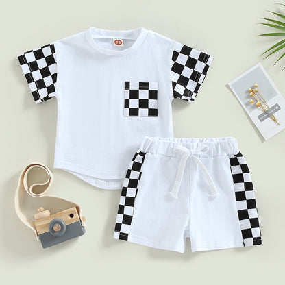 White T-shirt + Shorts with Plaid Design | Baby Boy 2pc Clothes Set Summer | Toddler Boy Shorts + T-shirt Set | KIDZADORA UK