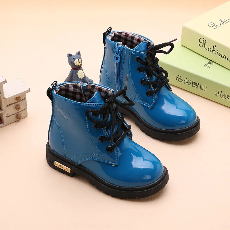 Girls Boys Blue Patent Leather Ankle Boots | Kids Fashion Boots | Children's Footwear | KIDZADORA Baby & Children's Clothes & Footwear UK